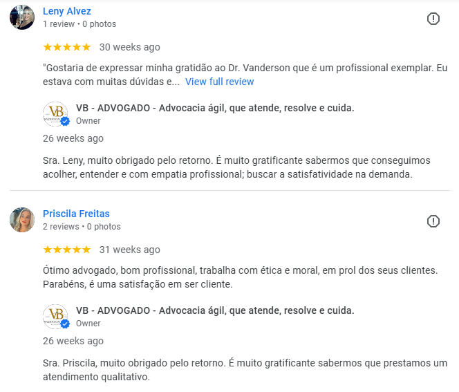 Print de avaliações do Google - escritório VB Advogado